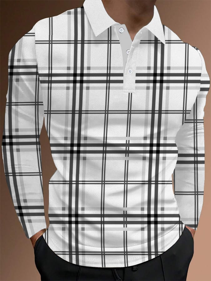 Camisa polo a cuadros ejecutivo casual de manga larga para hombre