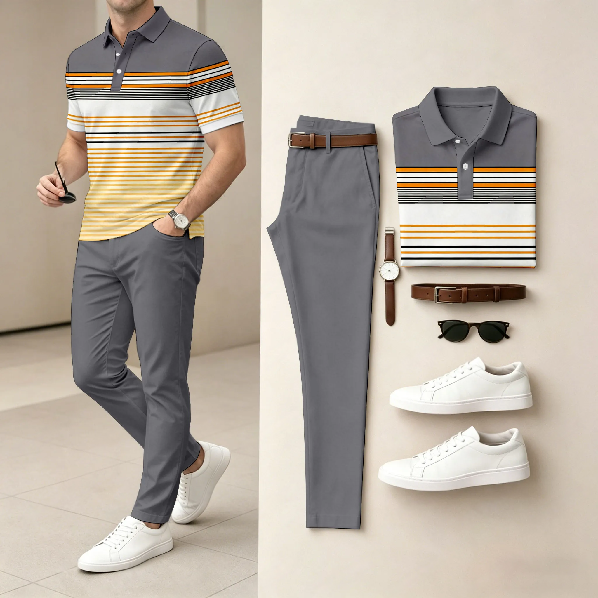 Conjunto de dos piezas casual Gray & White rayas estampado camisa polo And pantalón para hombre