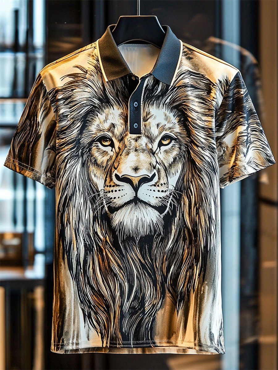 Camisa polo ejecutivo casual Lion estampado Button de manga corta para hombre