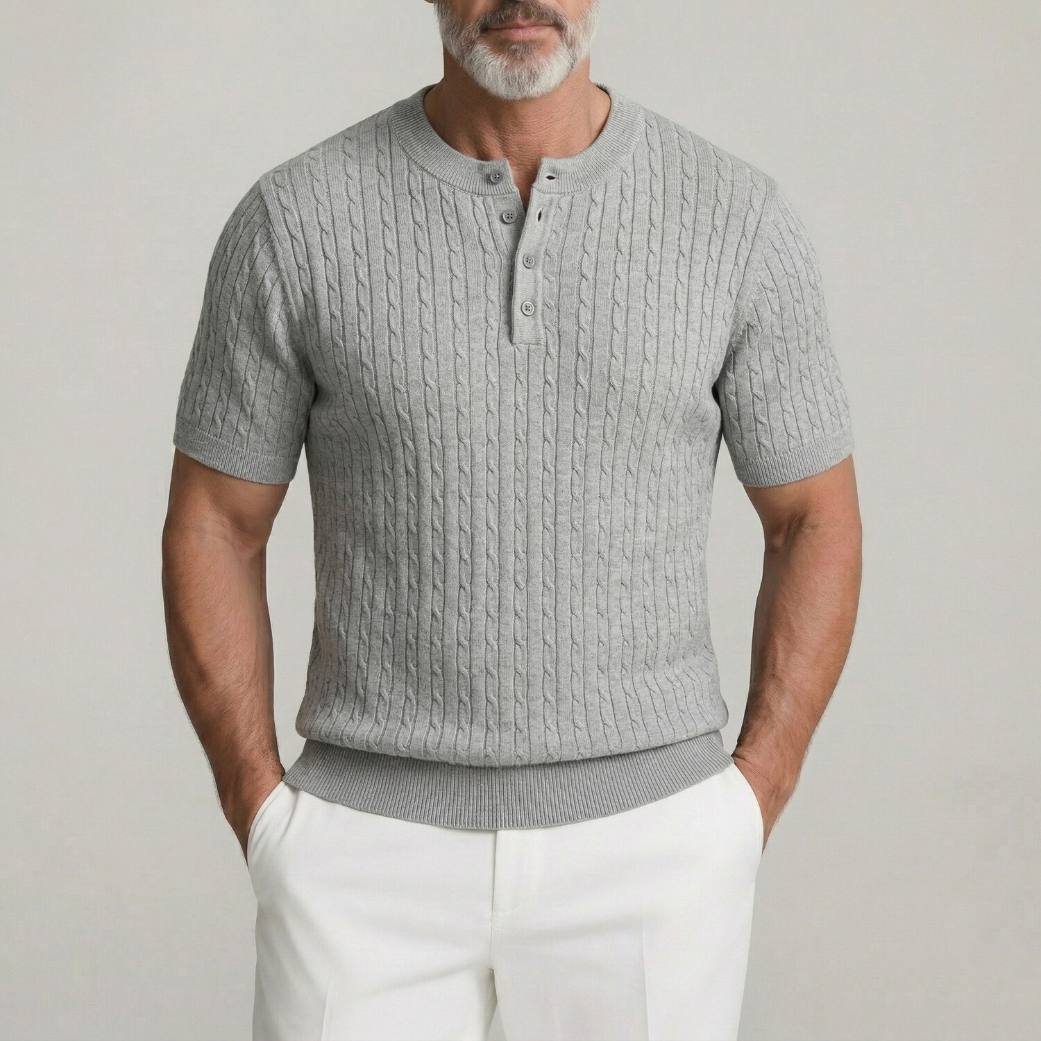 Camisa de color sólido Buttons Cable tejidoted de manga corta casual Henley para hombre