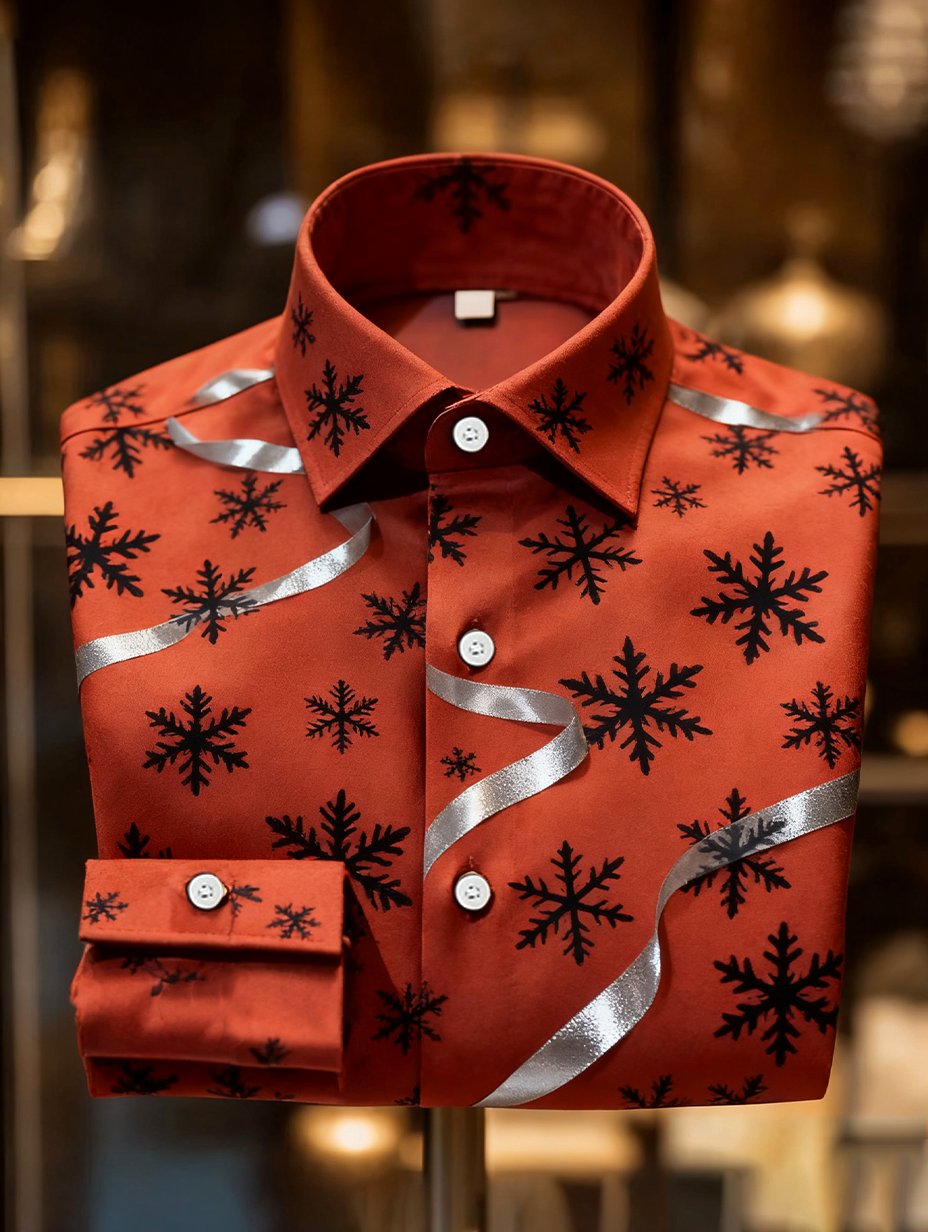 Camisa de lujo Christmas Party de manga larga con botones para hombre