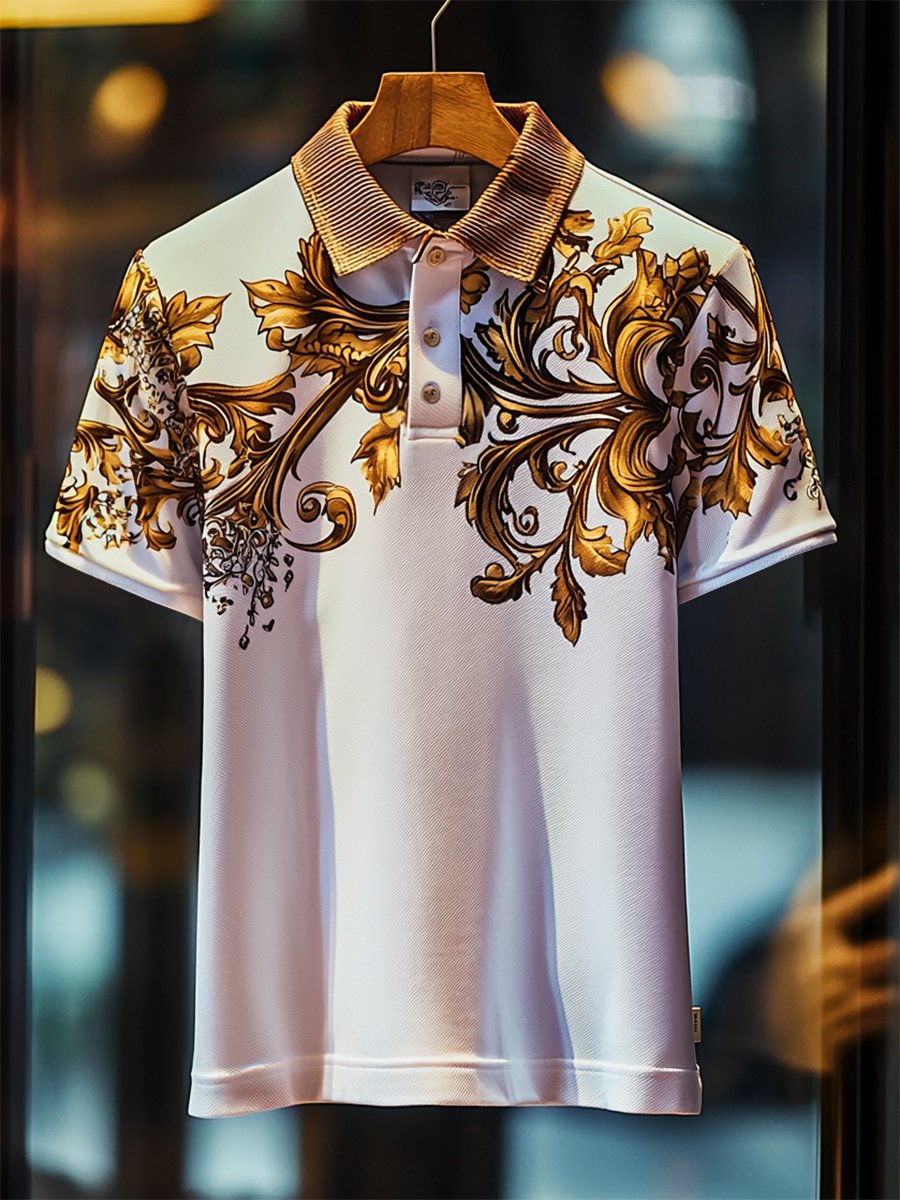 Camisa polo casual Festive floral estampado Button de manga corta para hombre