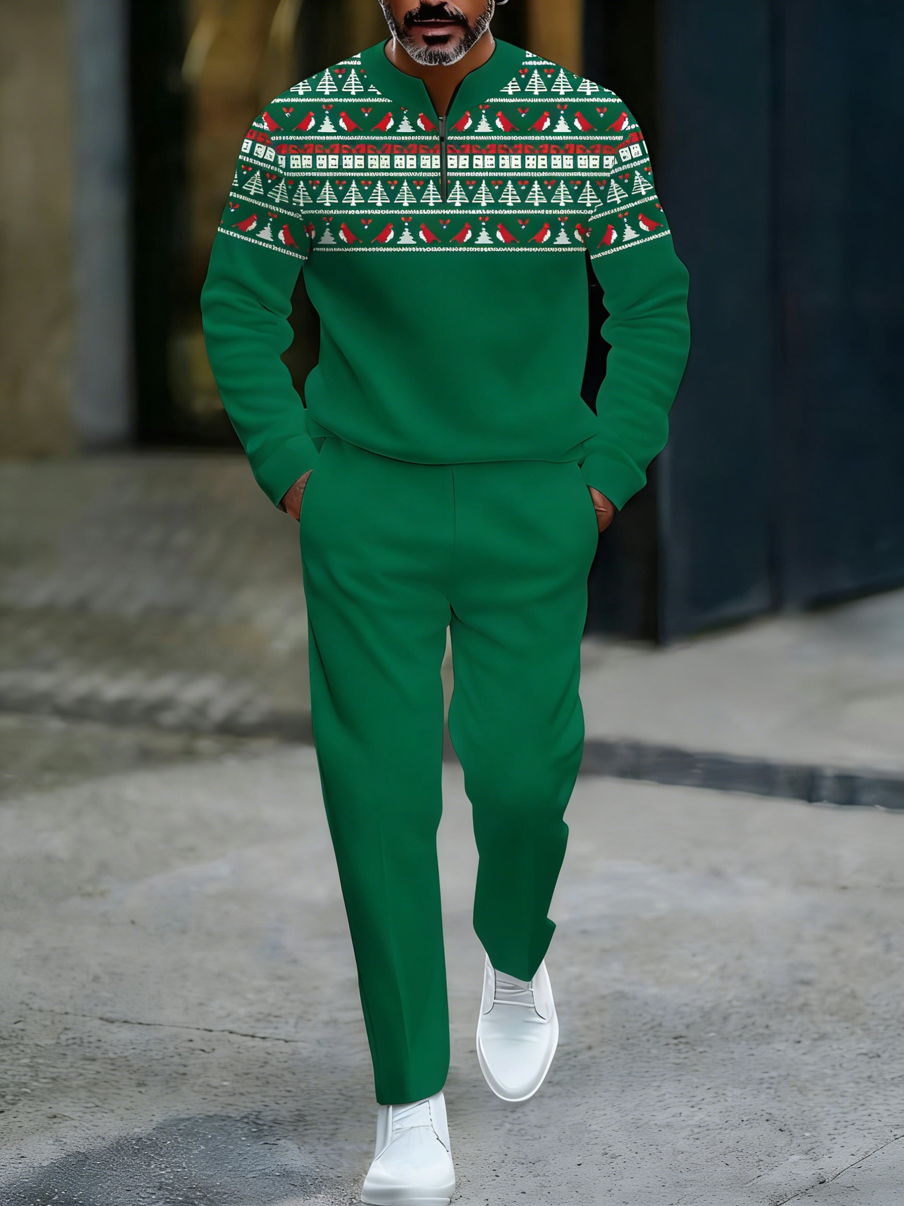 Conjunto de dos piezas casual Green & White Color Matching Christmas estampado Round-Neck Zipper de manga larga sudadera & Trousers para hombre