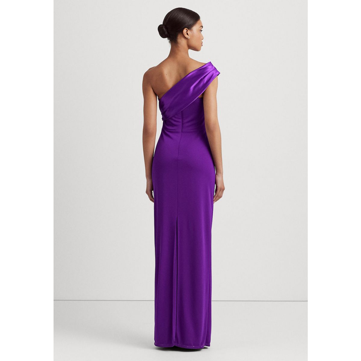 Satin Trim Jersey One Shoulder Gown - 2