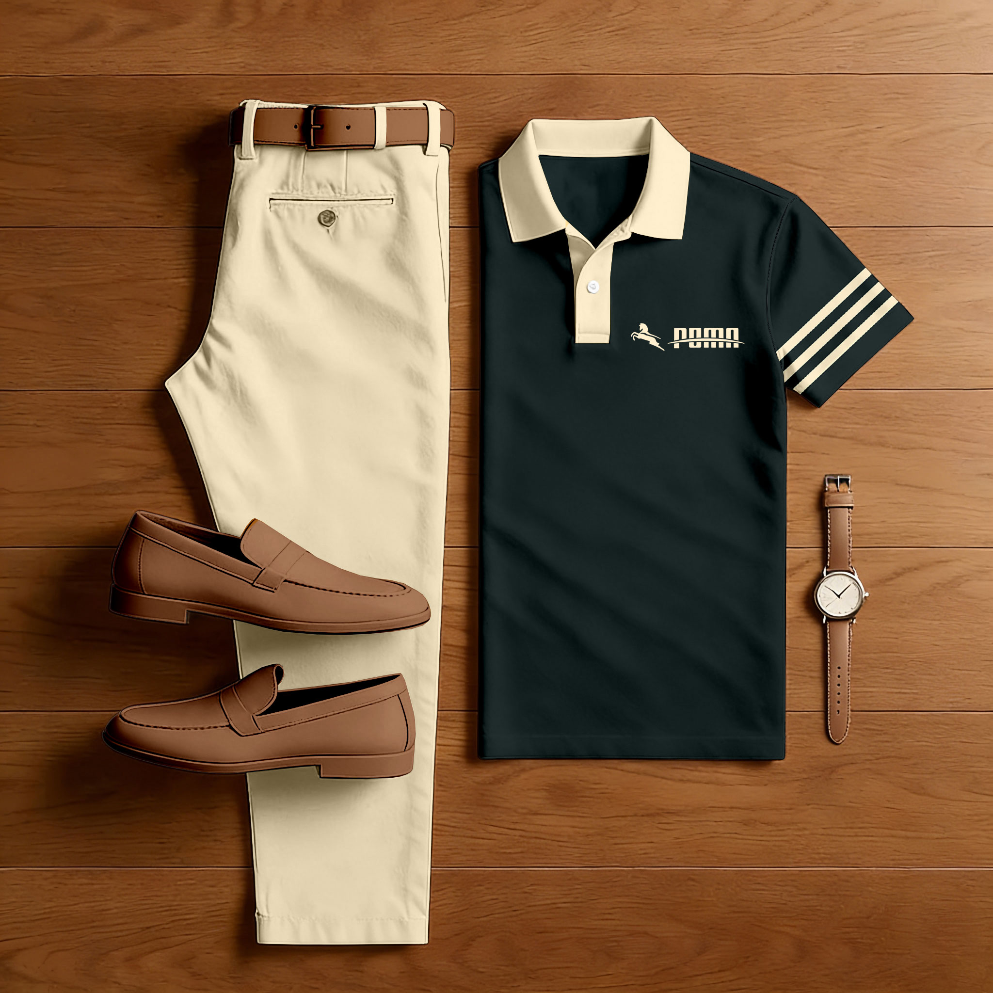 Conjunto de dos piezas casual Black rayas estampado camisa polo And pantalón para hombre