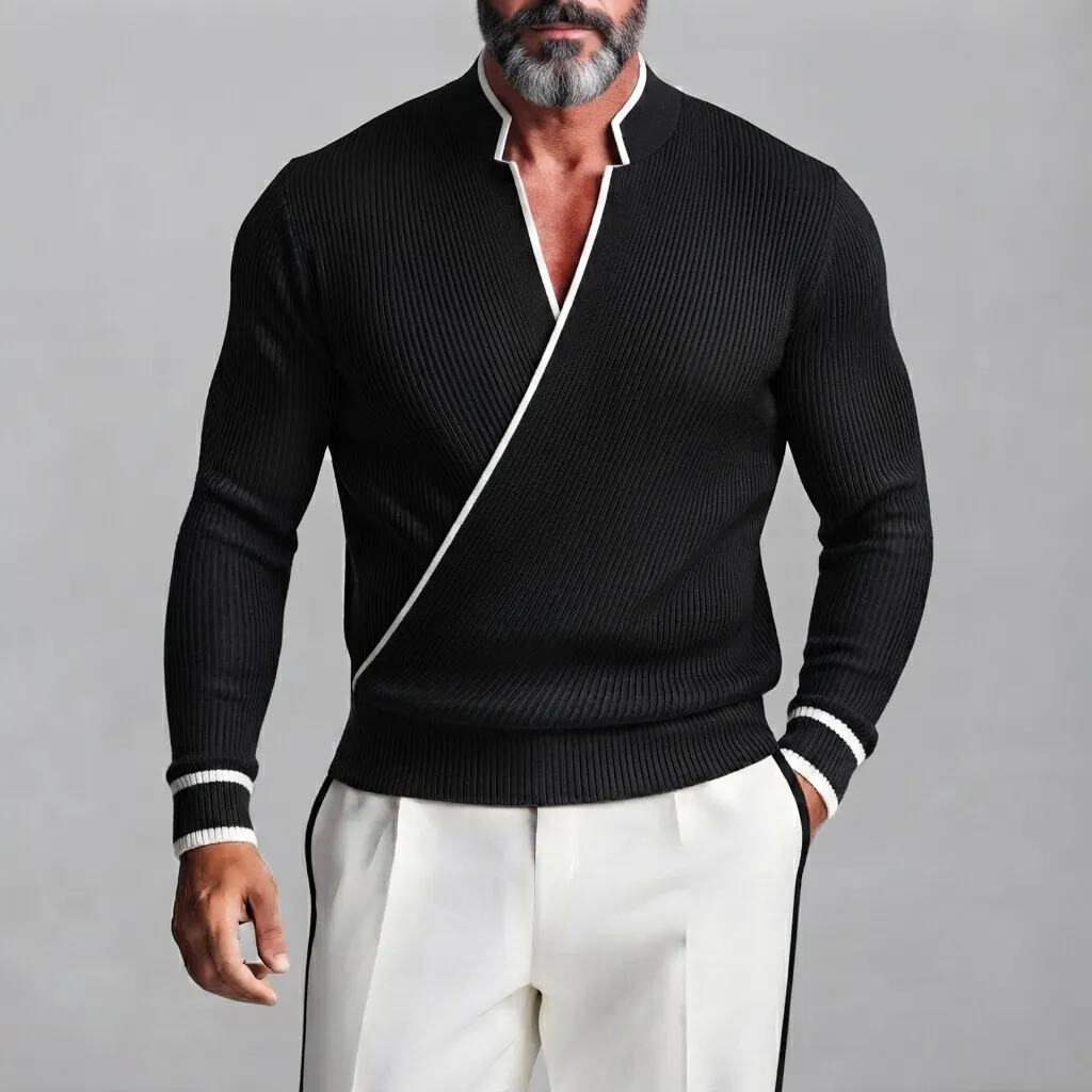 para hombre Black Ribbed tejido Stand Collar Contrast Piping de corte entallado Wrapped Sweater