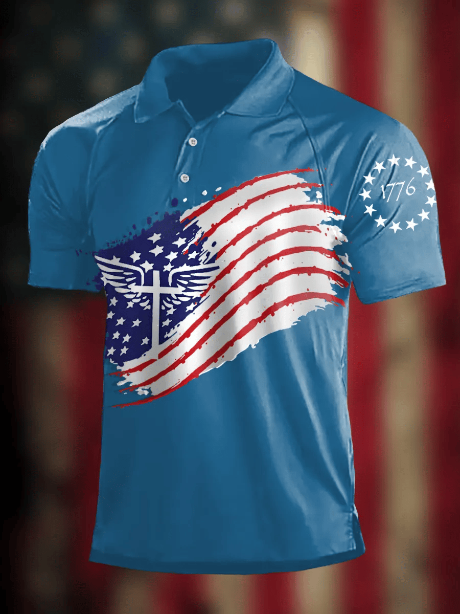 Retro American Flag Cross Faith 1776 casual Polo para hombre