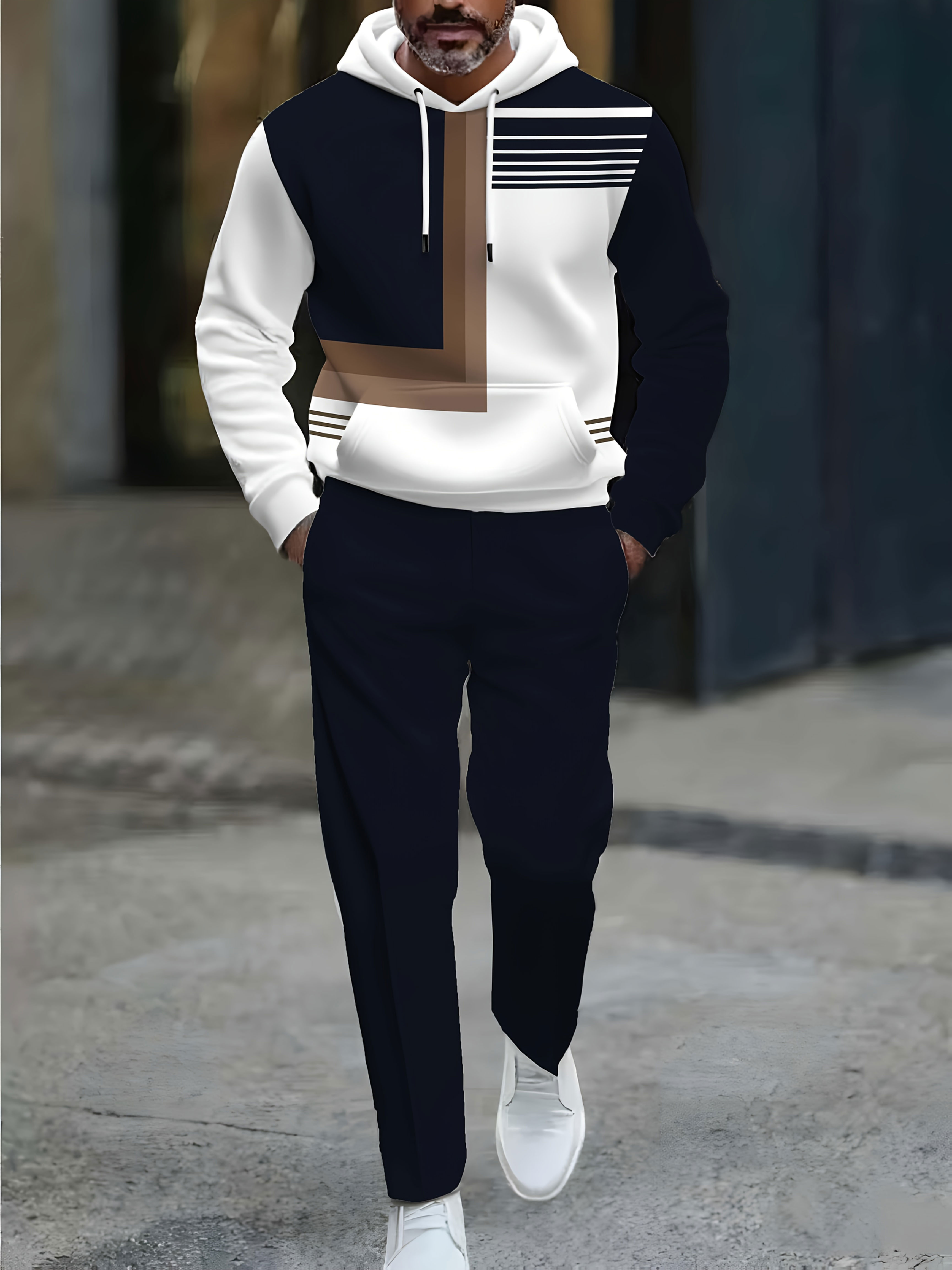Conjunto de dos piezas casual Color Matching estampado sudadera con capuchas de manga larga Trousers 1218 para hombre