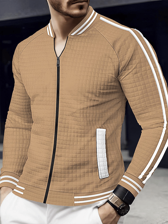 Chaqueta jacquard Stand cuello de color sólido cierre para exterior Versatile para hombre