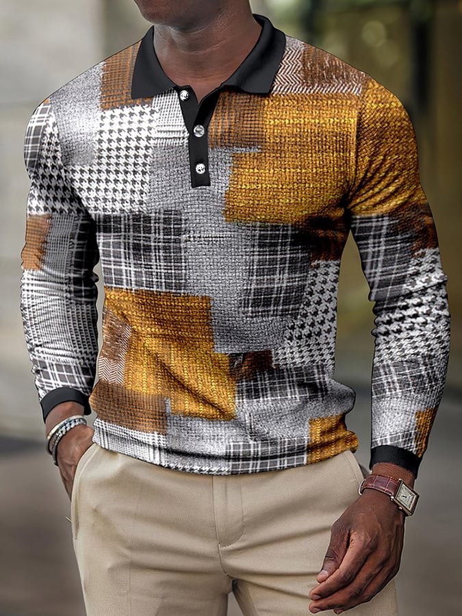 Camisa polo Colorblocked a cuadros casual Waffle de manga larga para hombre
