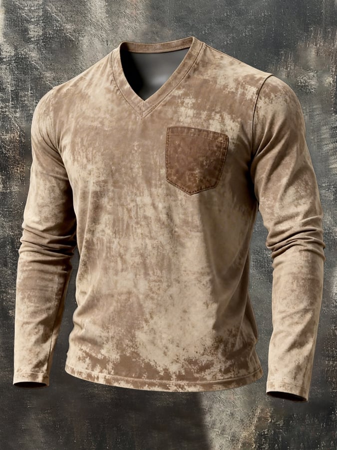 Retro Washed desgastado V-Neck de manga larga Top para hombre