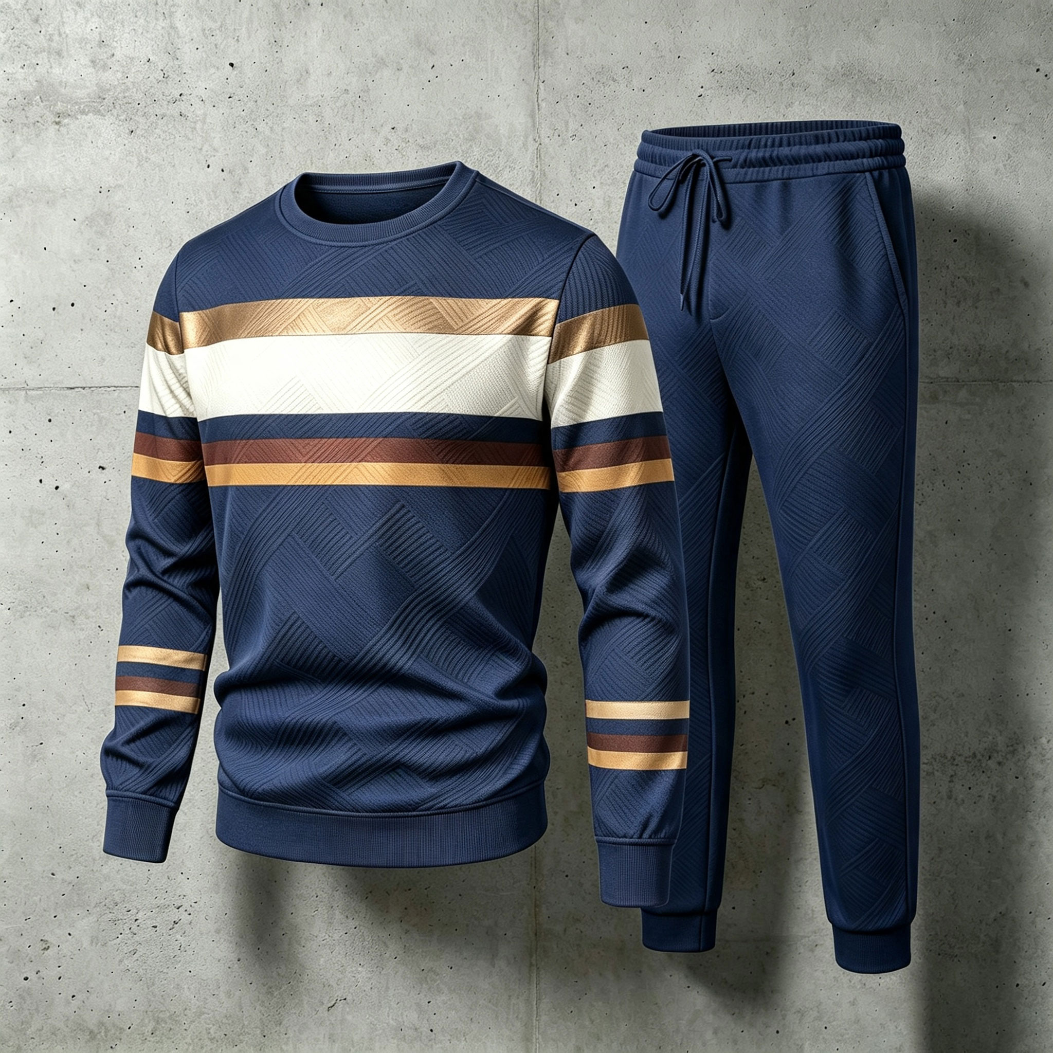para hombre Multicolored a rayas Crew-Neck de manga larga camisa and pantalón Set
