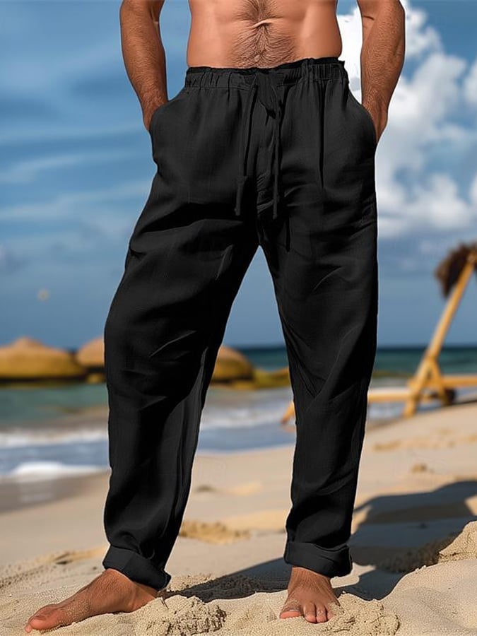 Pantalón retro de color sólido Design Elastic Waist Lace-Up casual para hombre