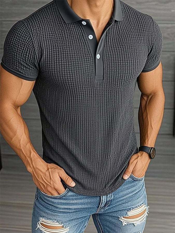 Camisa polo casual de color sólido Waffle de manga corta con botones para hombre - vista 1