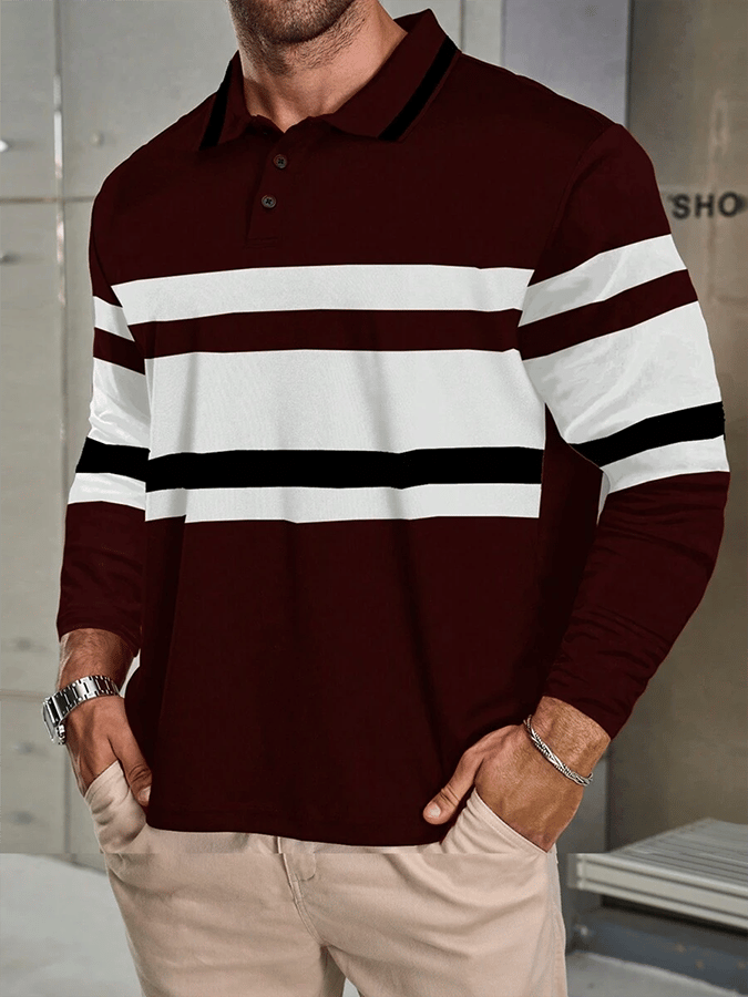 Camisa polo a rayas ejecutivo casual de manga larga para hombre