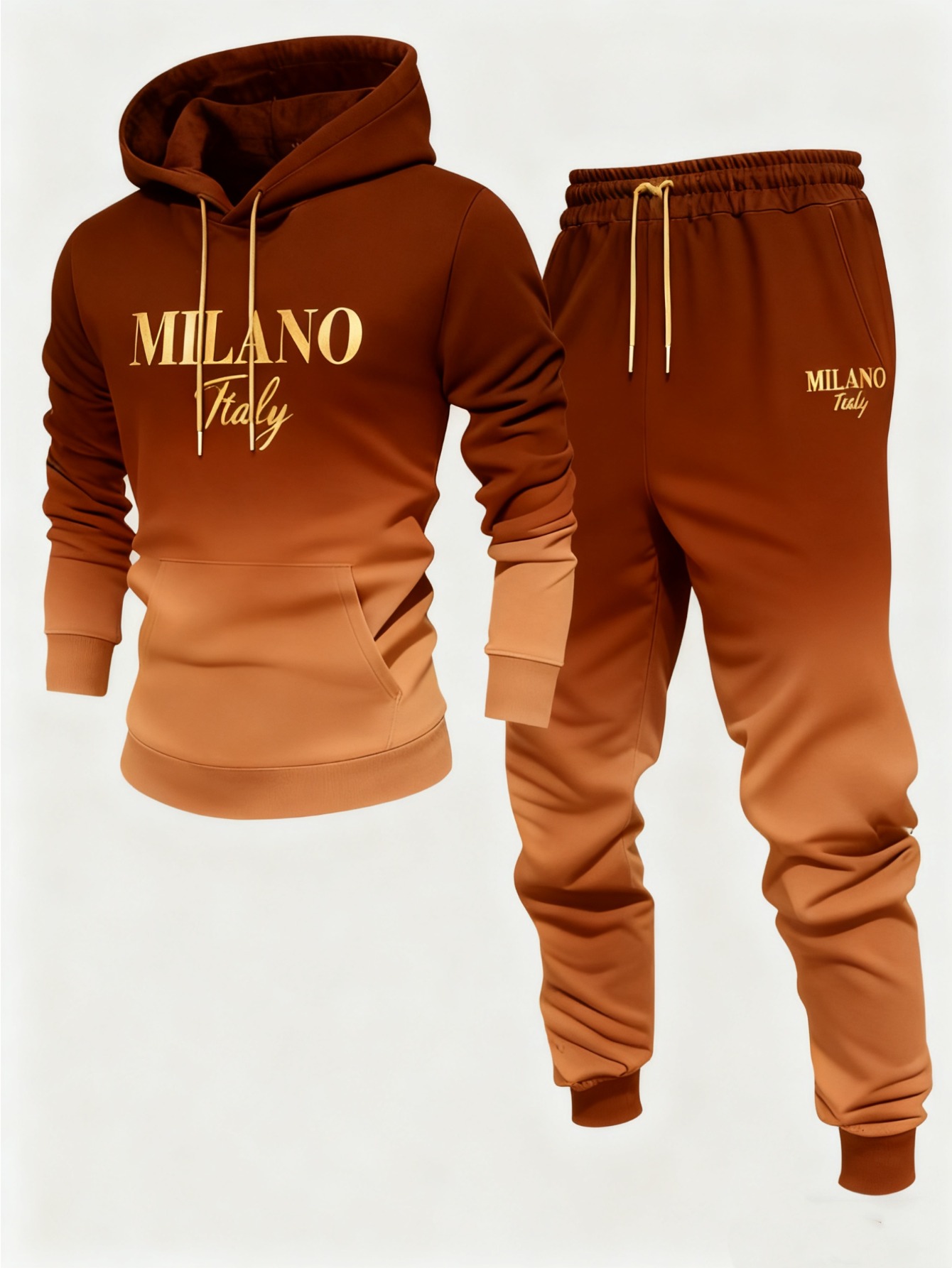 Conjunto de dos piezas casual Orange Gradient Color Matching estampado sudadera con capuchas de manga larga sudaderas & Sweatpantalón para hombre