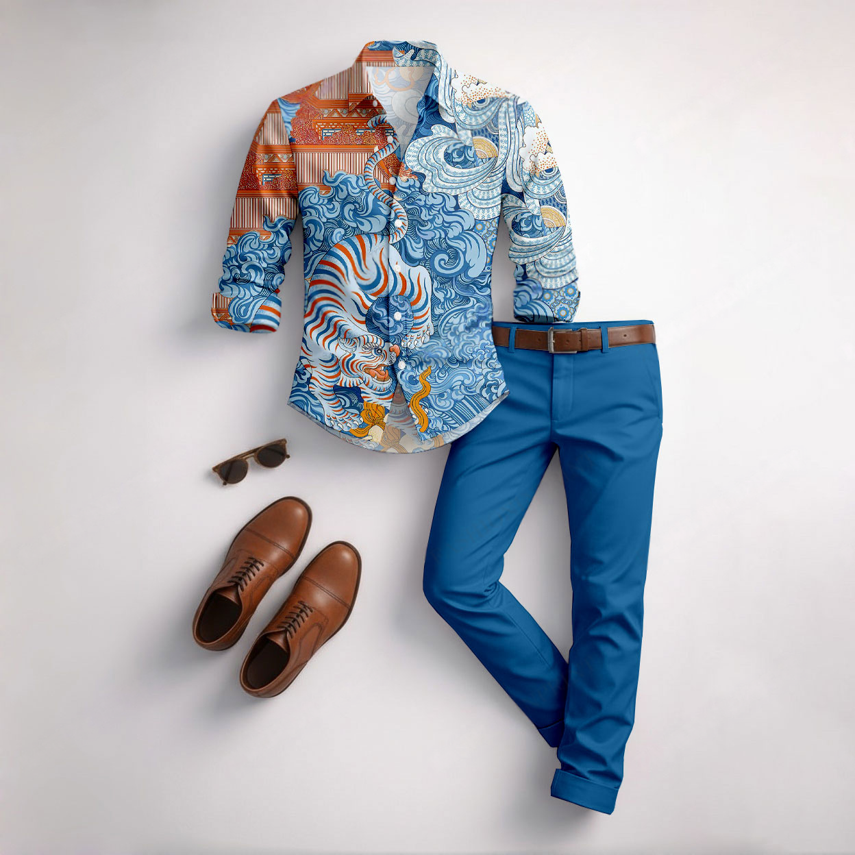Conjunto de dos piezas casual Blue Auspicious Clouds Color Matching Geometric estampado de manga larga camisa & Trousers para hombre