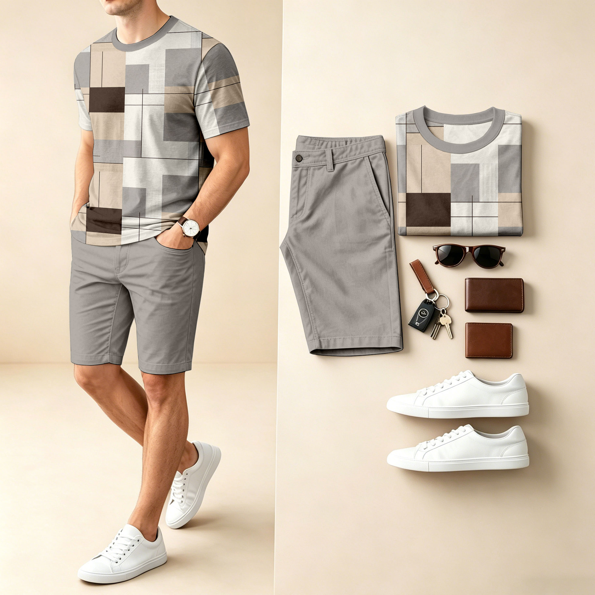 Conjunto de dos piezas casual Checkered Crew-Neck de manga corta camiseta And shorts para hombre