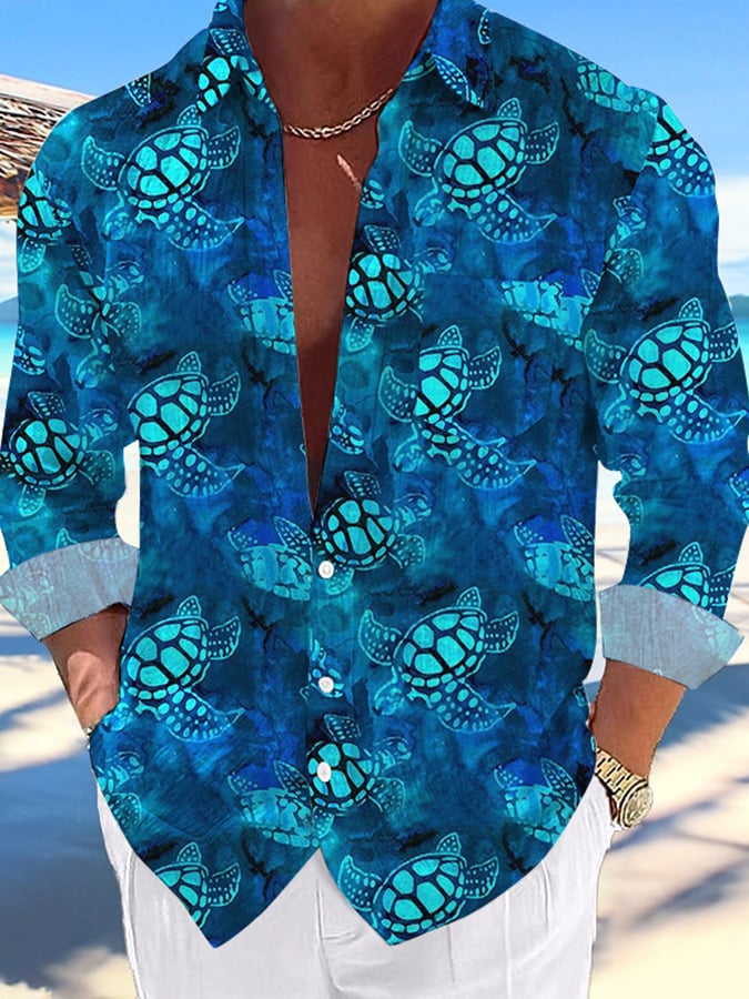 Camisa casual Hawaiian Turtle estampado Lapel para hombre