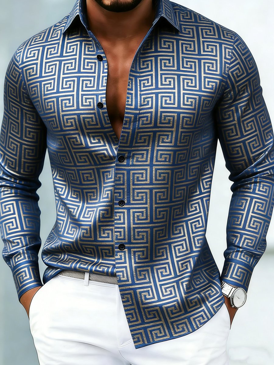 para hombre de lujo ejecutivo Geometric Print de manga larga camisa