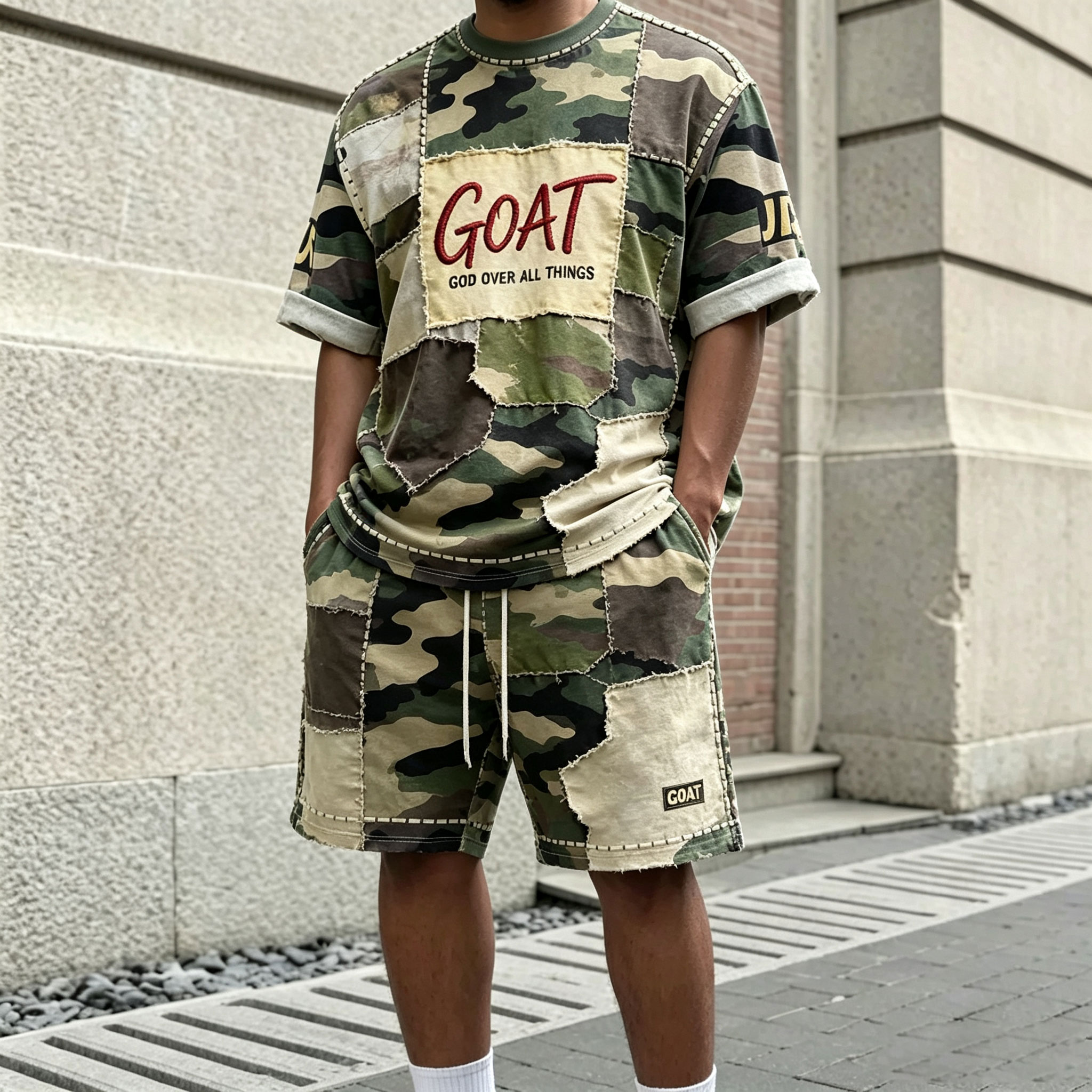 Conjunto de dos piezas casual Camouflage Block-estampado Round-Neck de manga corta camiseta and shorts para hombre