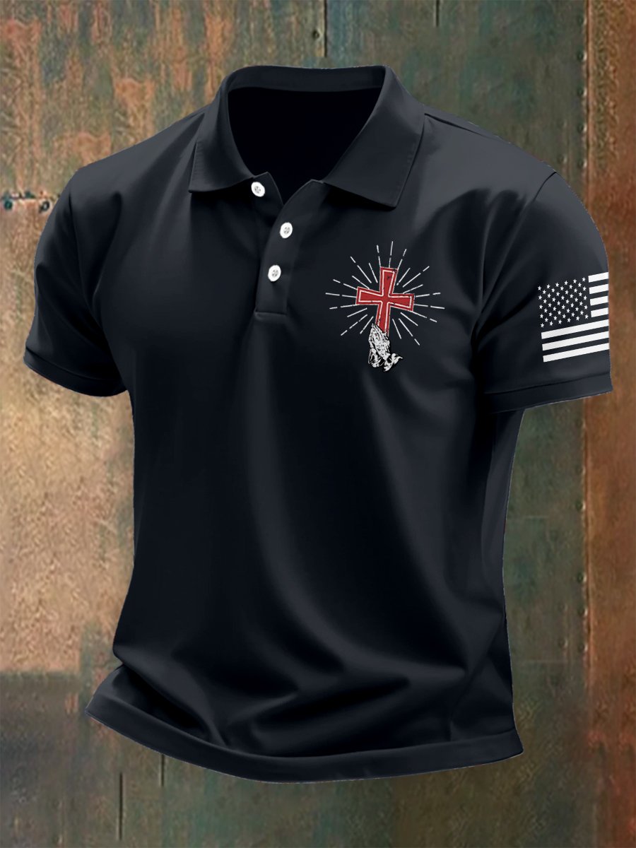 Camisa polo para exterior American Flag Button de manga corta para hombre