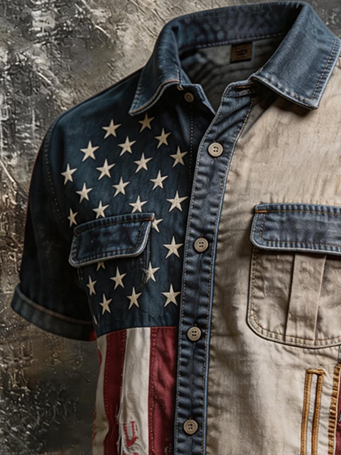 Camisa Split American Flag Patchpara trabajo desgastado de manga corta , vintage Button Up casual Top para hombre