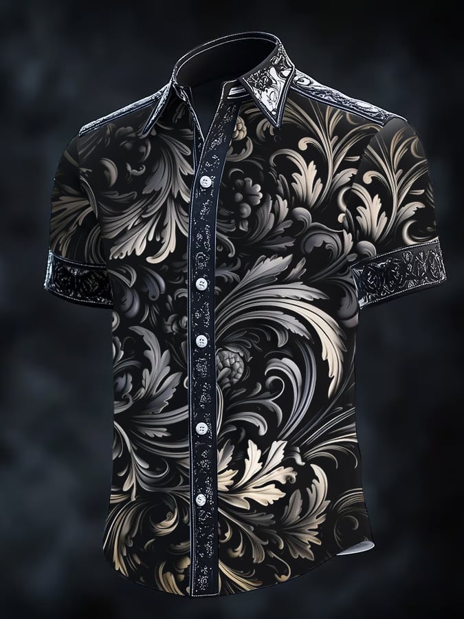 Camisa vintage Dark Baroque estampado de manga corta para hombre
