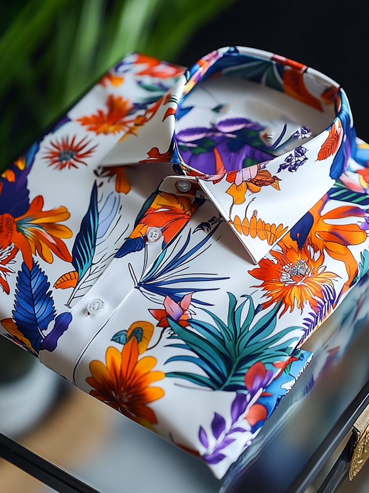 Camisa satén Luxe hawaiano All Over Leaf estampado de manga corta Button para hombre