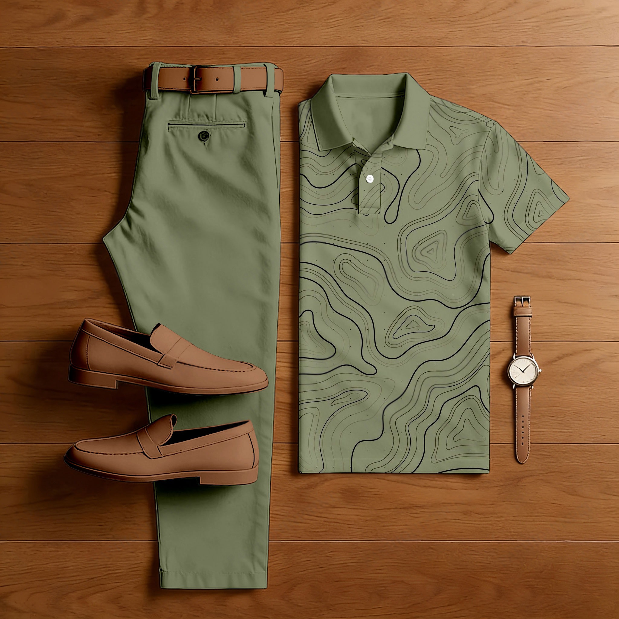 Conjunto de dos piezas casual Arm Green Geometric estampado de manga corta camisa polo & Trousers para hombre