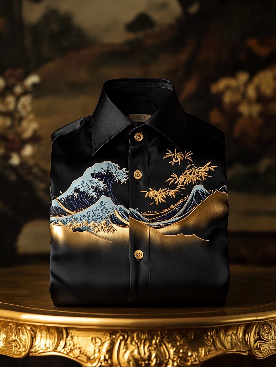 Camisa Ukiyo-e de lujo satén de manga larga para hombre
