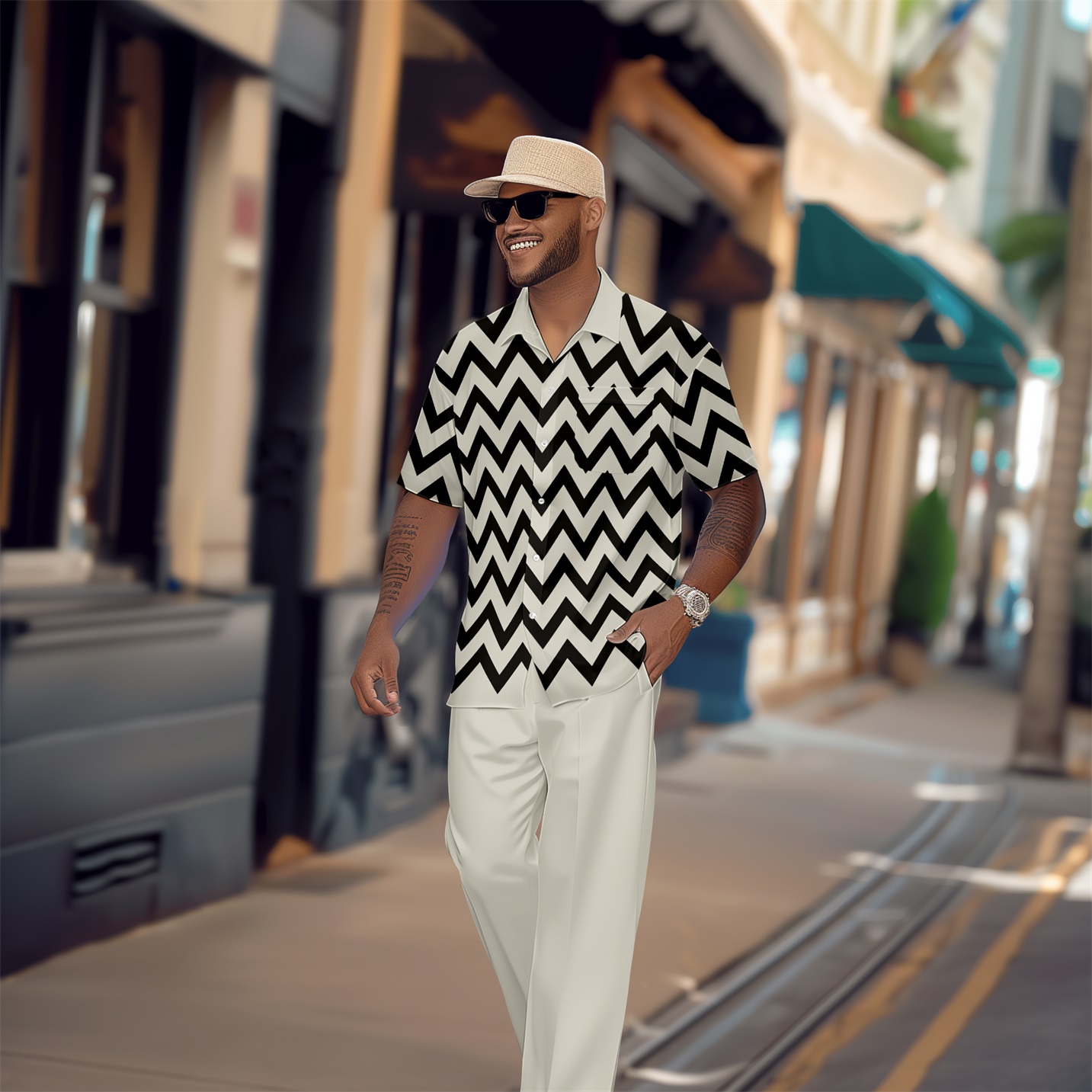 Camisa retro de manga corta Walking Suit 1642 para hombre