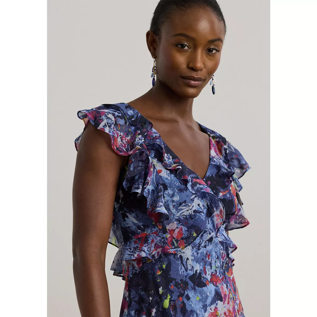 Print Ruffle Trim Georgette Midi Dress - 3
