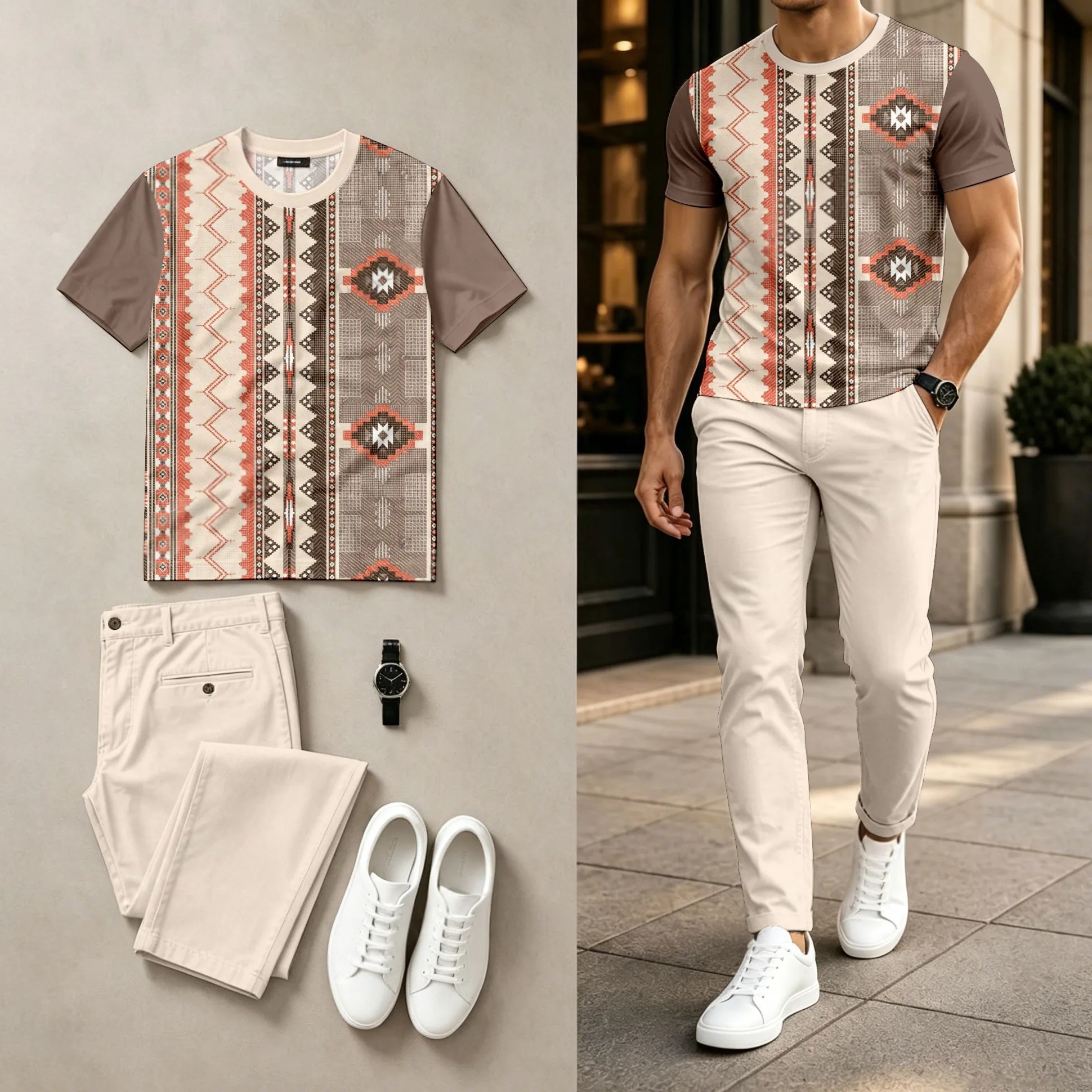 Conjunto de dos piezas casual Multi-en bloques de color estampado Round-Neck de manga corta Top And pantalón para hombre