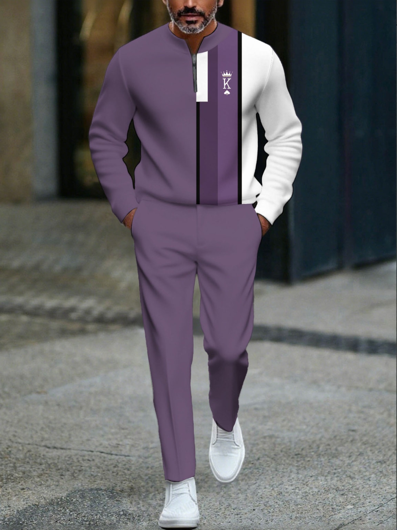Conjunto de dos piezas casual Purple & White Color Matching Geometric estampado Round-Neck Zipper de manga larga sudadera & Trousers para hombre
