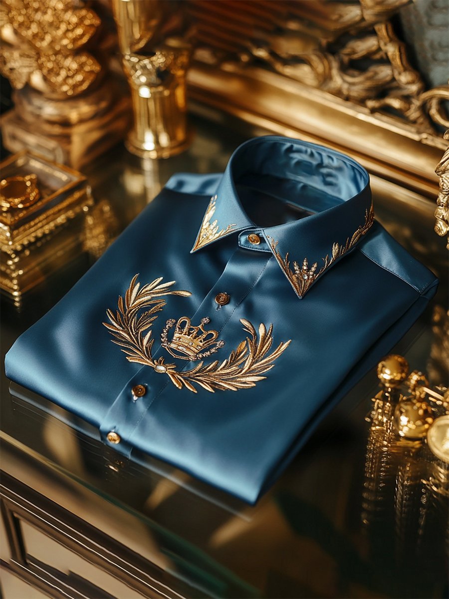 Camisa satén de lujo vintage ejecutivo de manga larga para hombre