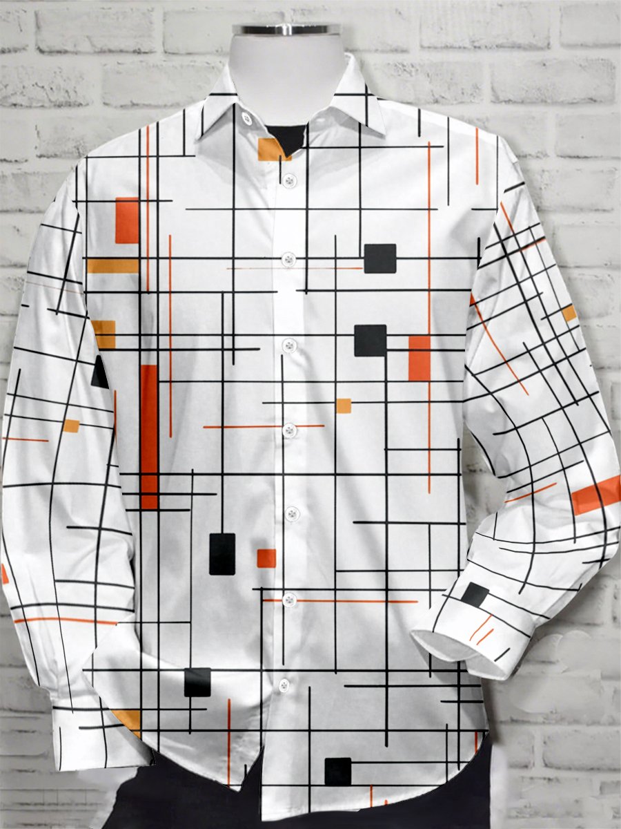 Camisa retro casual geométrico Art de manga larga para hombre