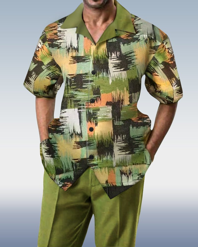 Green a cuadros Walking Suit 2 Piece de manga corta Suit 009