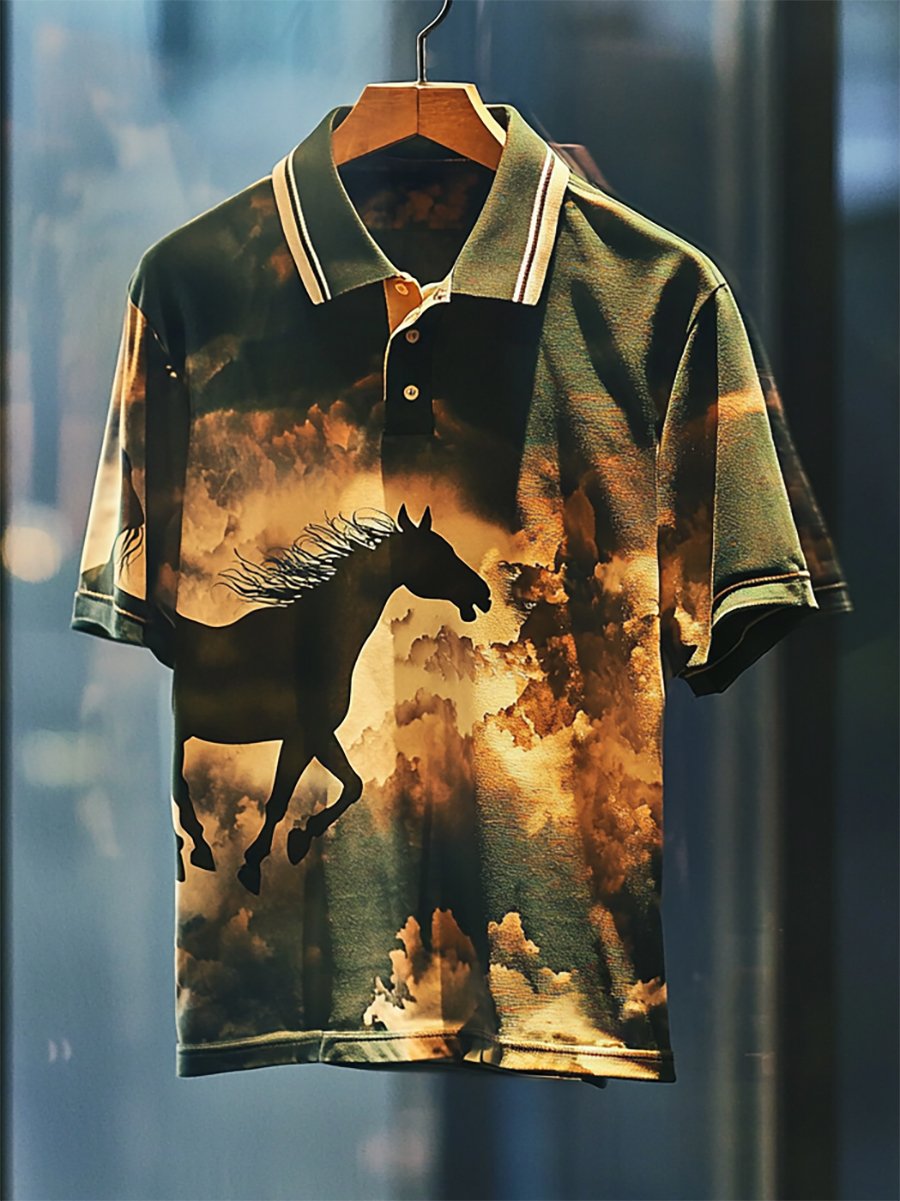Camisa polo casual ejecutivo Horse estampado Button de manga corta para hombre