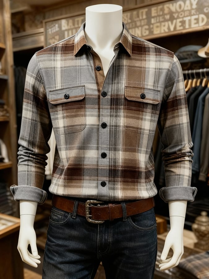 Camisa retro a cuadros Contrast Color de manga larga para hombre