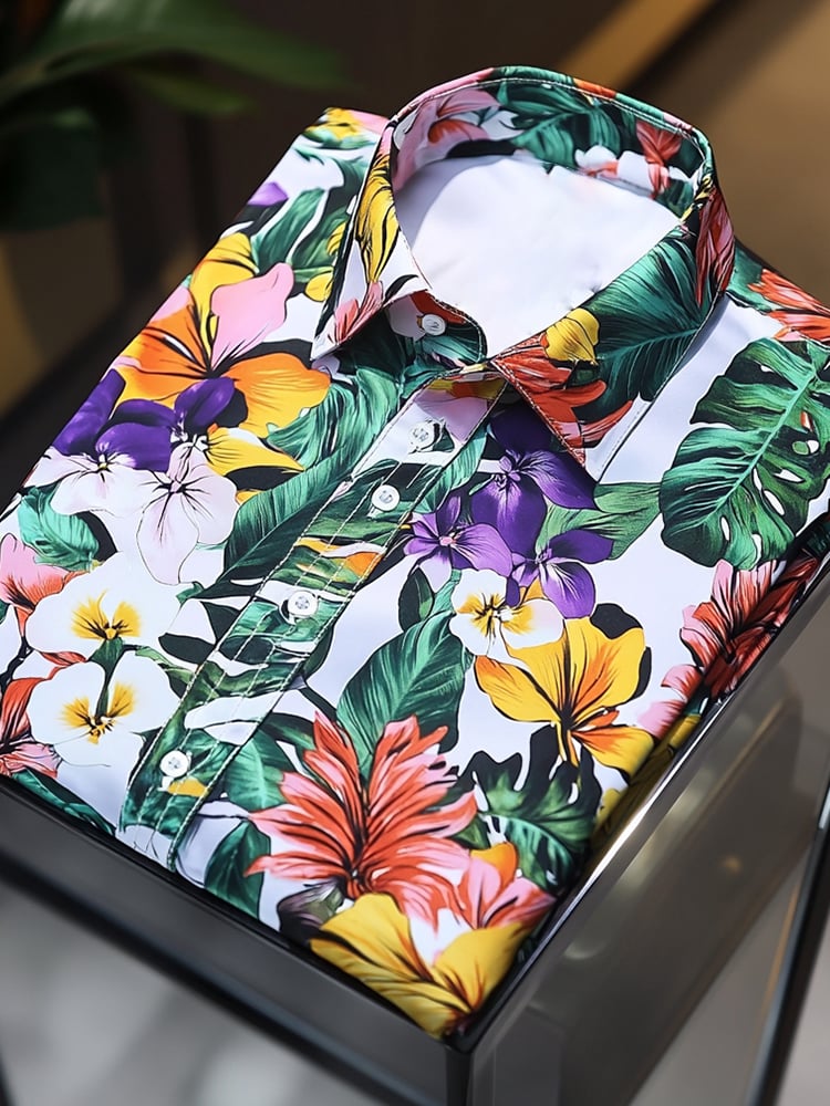 Camisa satén Luxe hawaiano Green floral de manga corta con botones para hombre