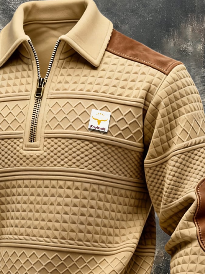 Sudadera retro jacquard texturizado Patchpara trabajo Comfortable Color-Blocked con cierre para hombre