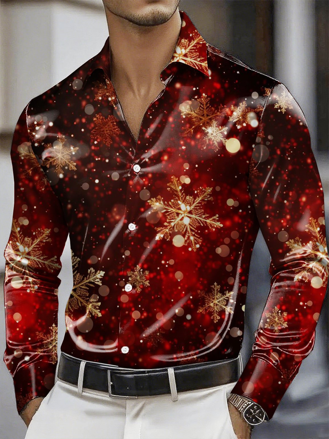 Camisa Christmas satén Luxe de manga larga con botones para hombre