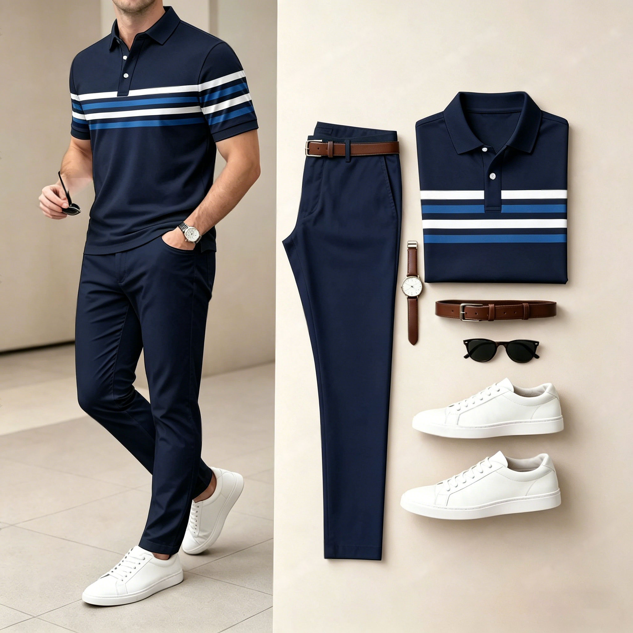Camisa polo casual a rayas estampado de manga corta And pantalón Set (Excludes Accessories Such As Watches And Belts) para hombre