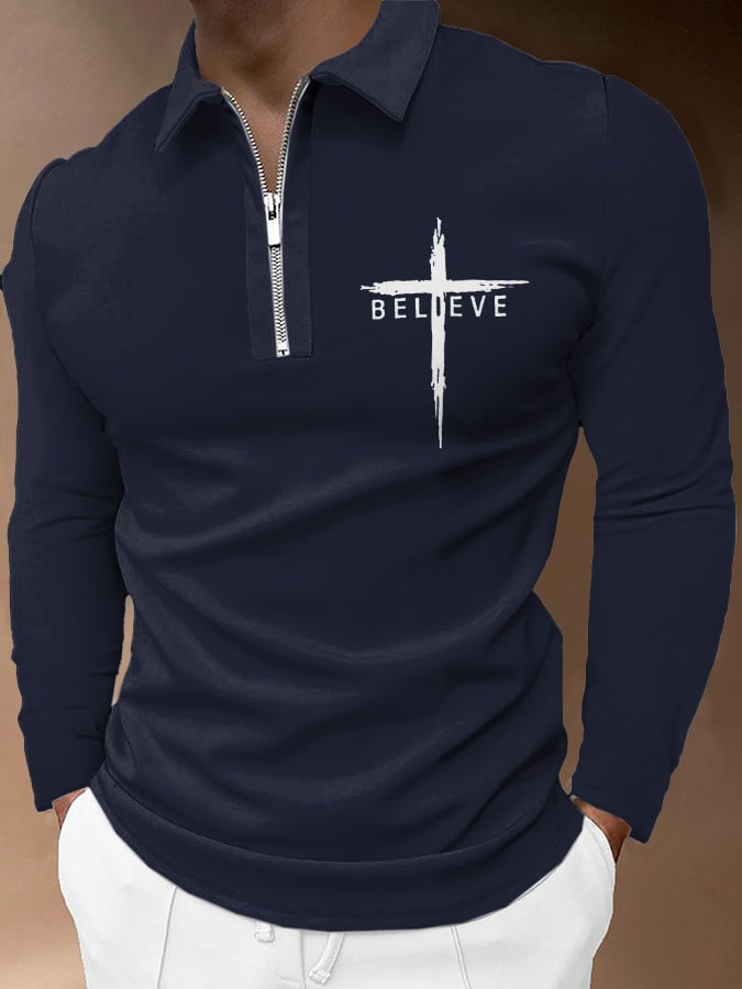 Camisa polo Believe Cross estampado de manga larga para hombre
