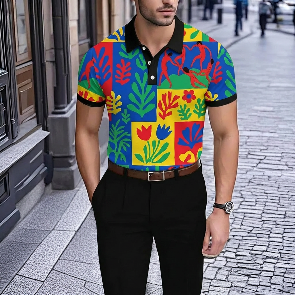 Camisa polo casual Color-Blocked Graffiti estampado de manga corta para hombre