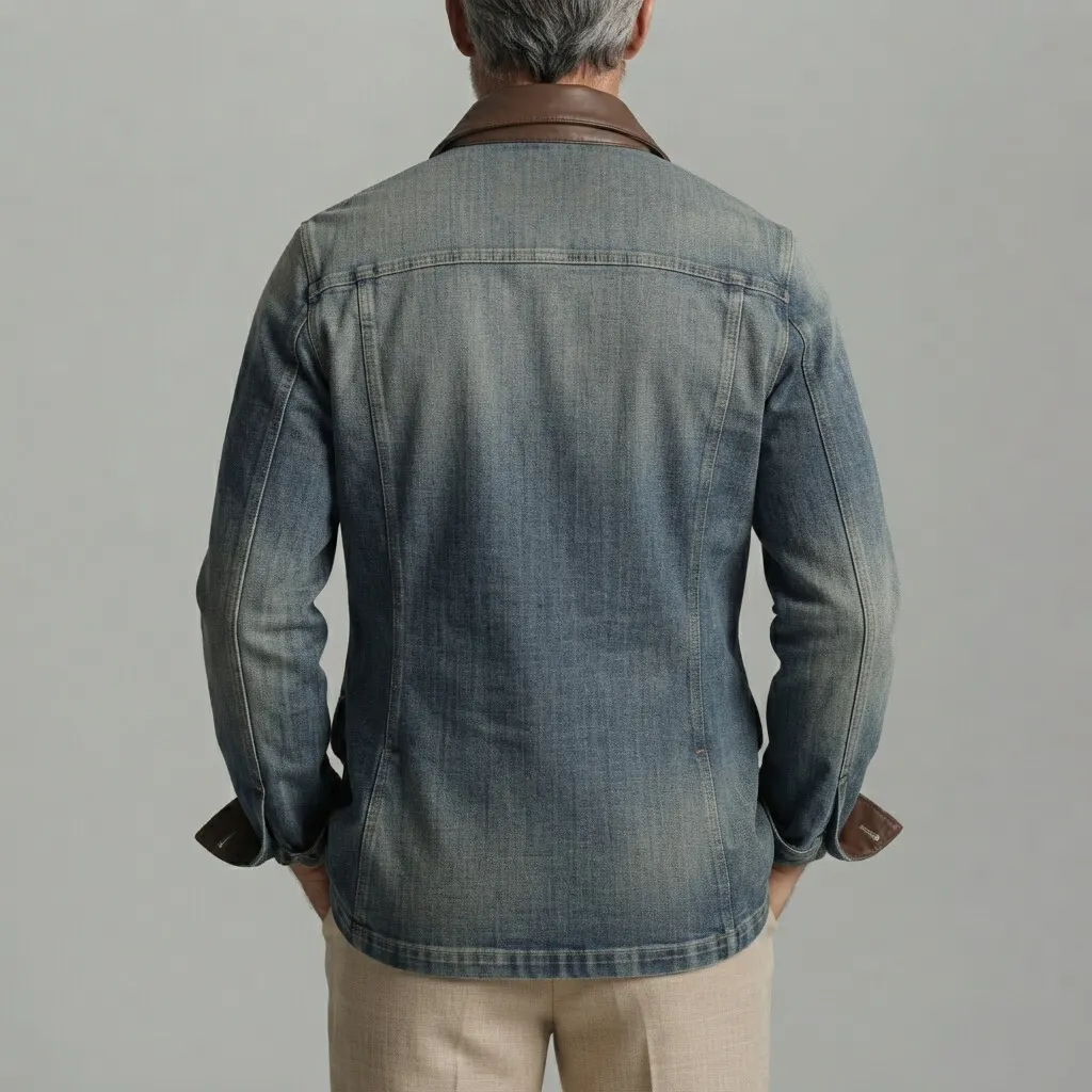 para hombre vintage Multi-Pocket PU Leather Patchwork Turndown Collar con cierre Denim chaqueta