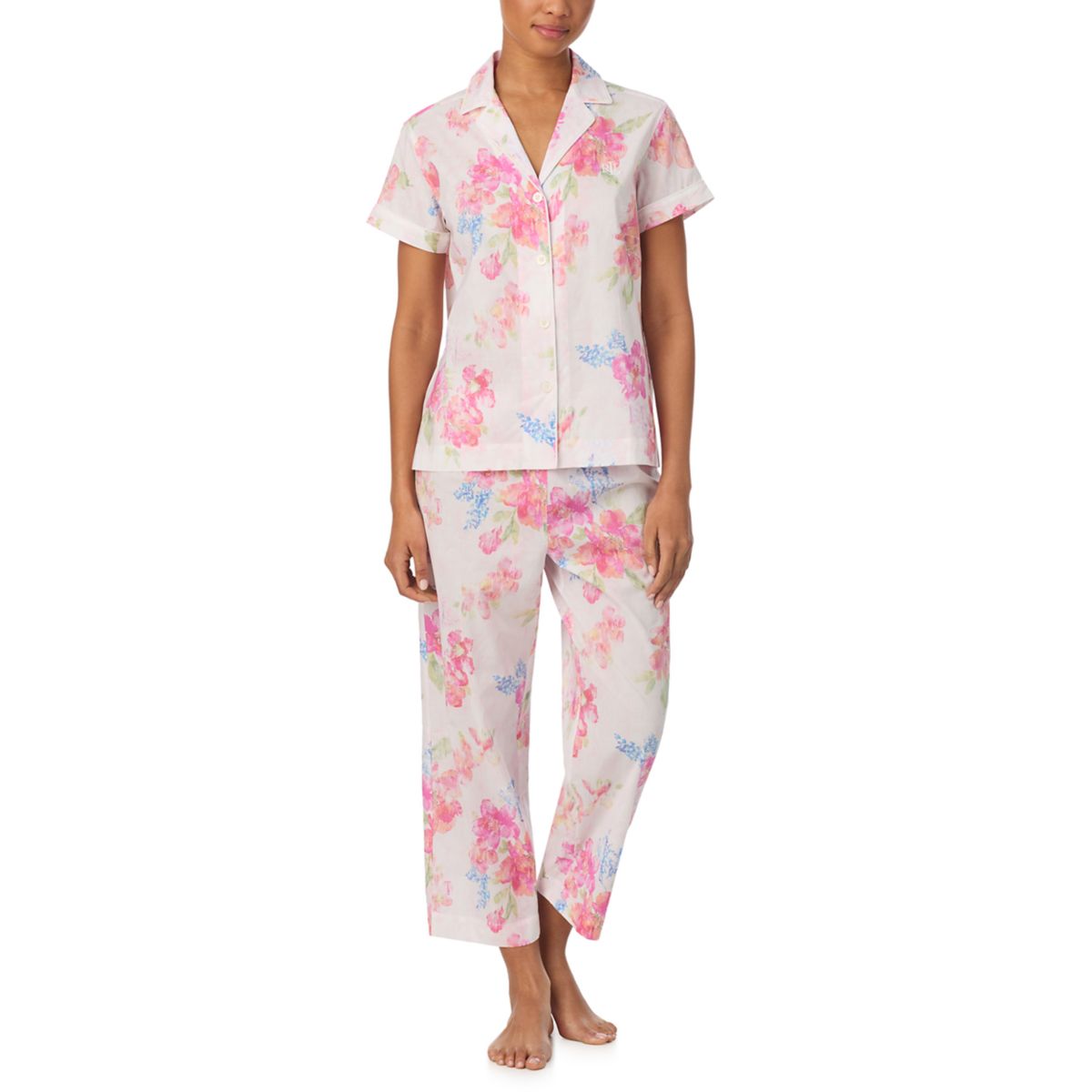 Women's Short Sleeve Notch Collar Cropped Pants Pajama Set - 5