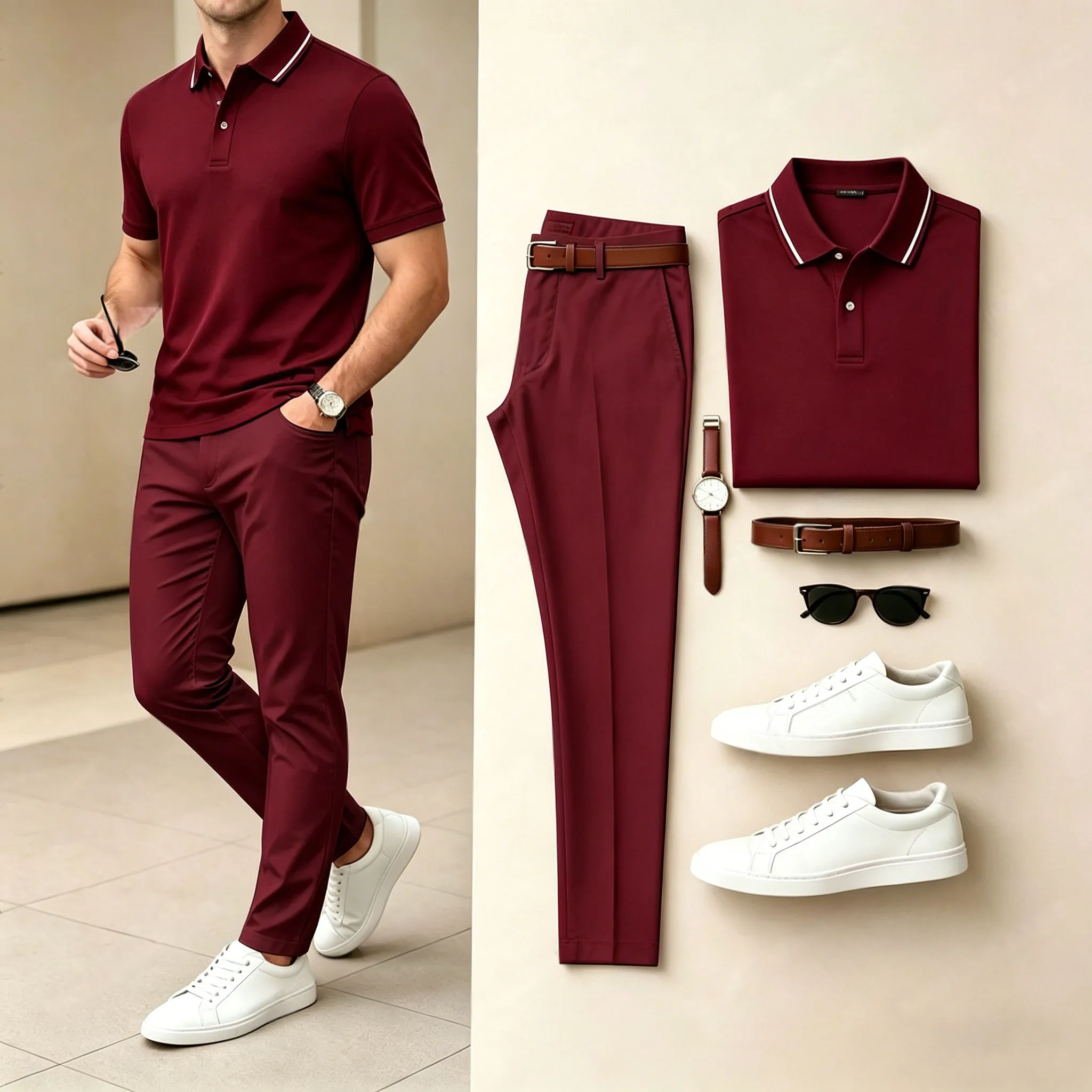 Conjunto de dos piezas casual Pure Wine Red estampado camisa polo And pantalón para hombre