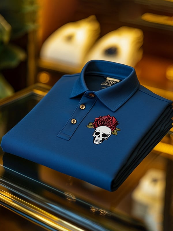 Camisa polo ejecutivo casual Skull estampado con botones para hombre